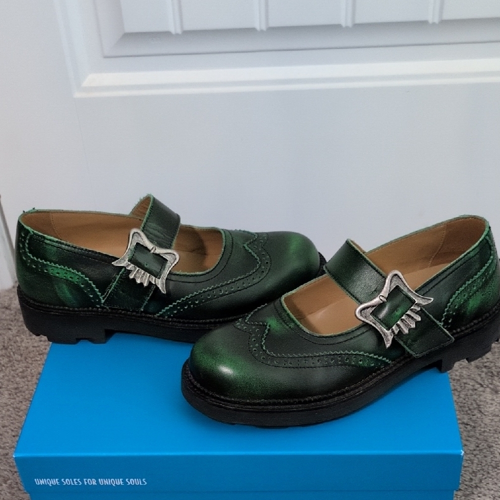 John Fluevog Emerald Green Brogue Mary Janes - Picture 3 of 8